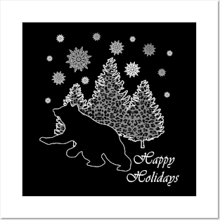 Happy Holidays Bear Winter Snowflakes Leopard Print Trees Wildlife Posters and Art